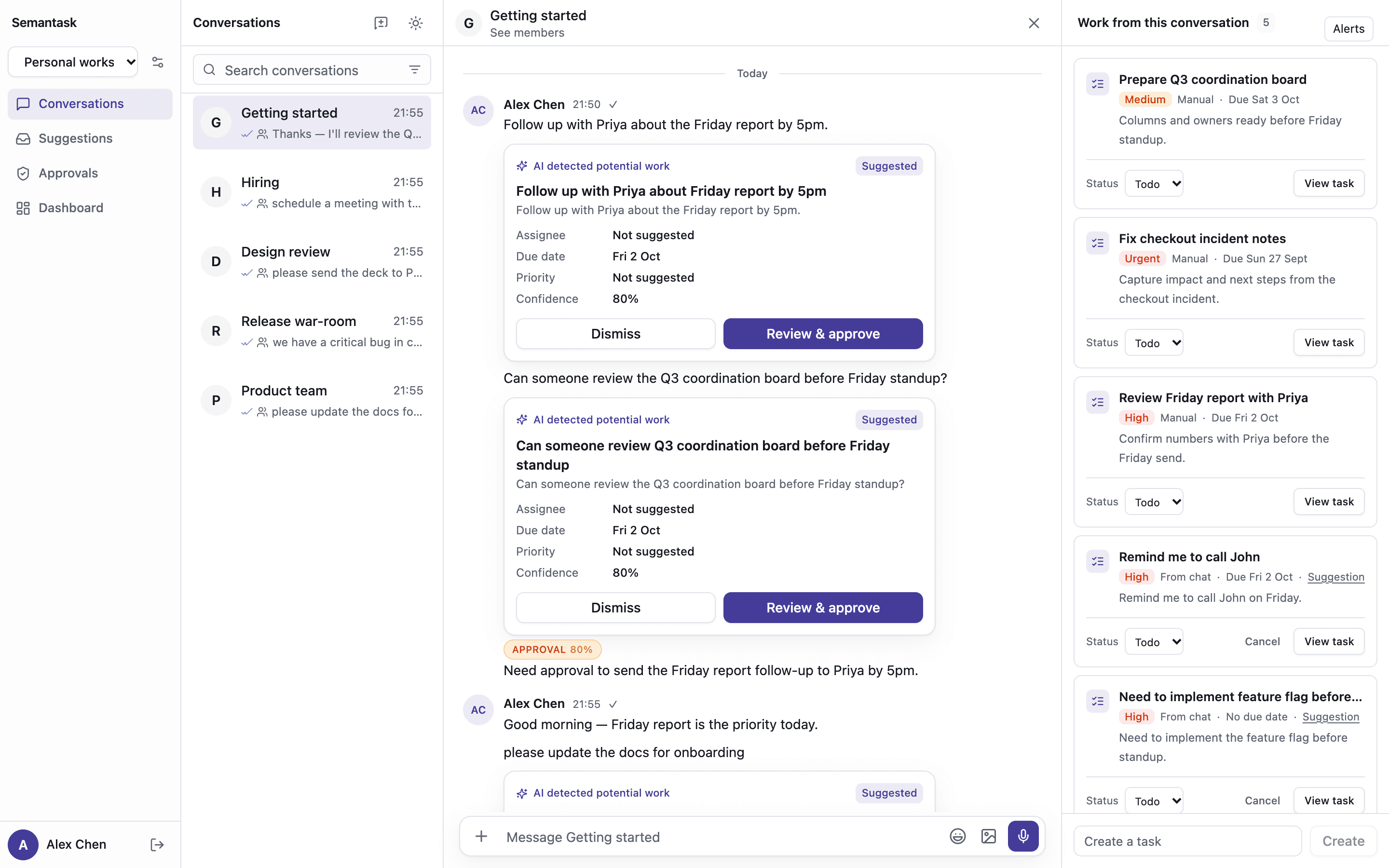 Semantask conversation view: chat messages with AI-detected work cards showing confidence, and Dismiss or Review & approve buttons; extracted tasks listed on the right.